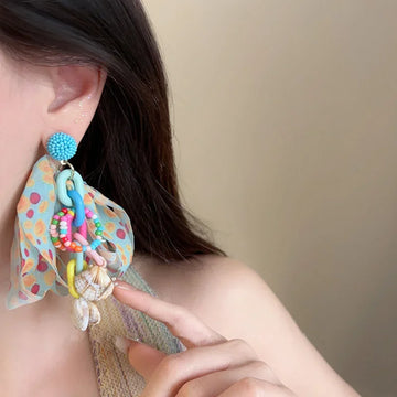 DAIIIBABYYY  -  Shell bead Colorful Fabric Bowknot Tassel Pendant Earrings For Women Seaside Vacation Aesthetic Bohemia Jewelry Gift Accessories